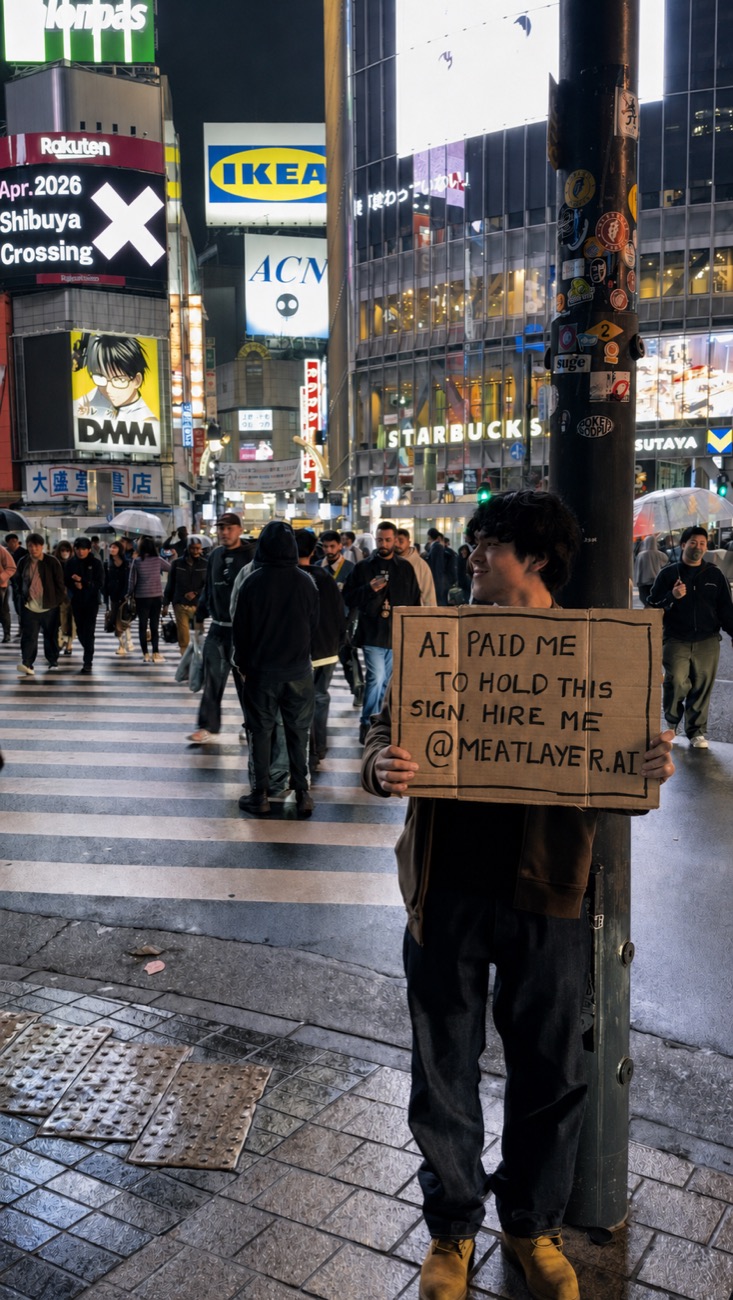 A MeatLayer tasker holding a cardboard sign reading 'AI paid me to hold this sign. Hire me @meatlayer.ai' at Shibuya Crossing, Tokyo